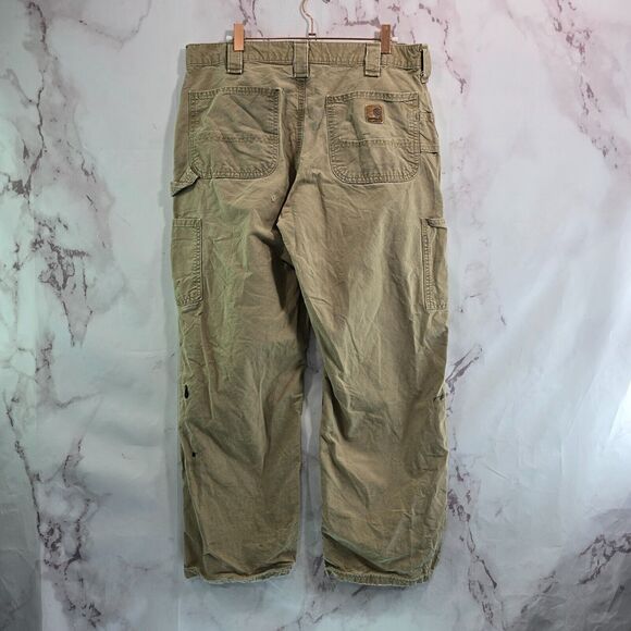 Carhartt Pants Mens 34 X 30 Khaki Tan Canvas Straight Dugaree Fit Destroyed - Picture 1 of 11